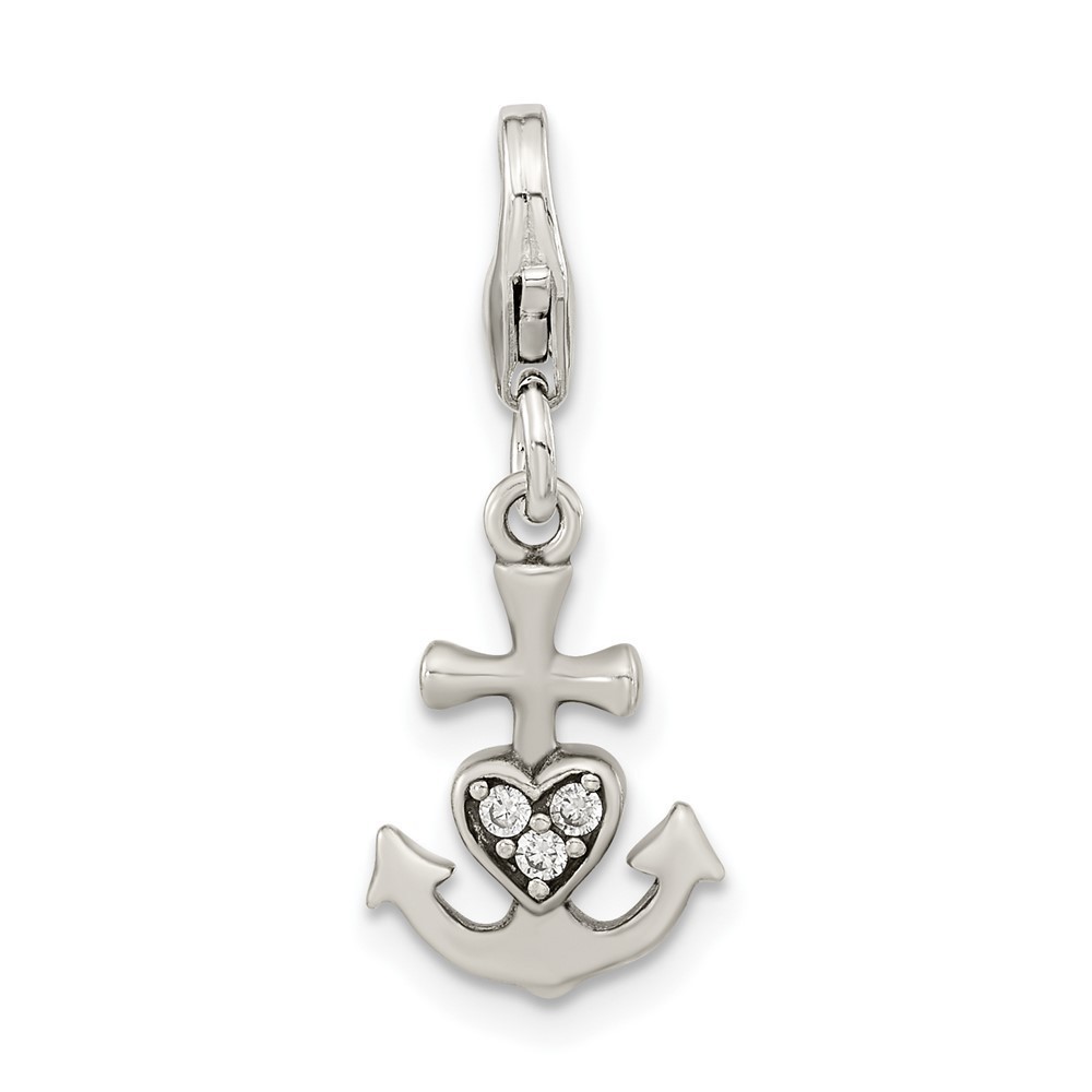 925 Sterling Silver Antiqued CZ Anchor with Heart Bracelet Charm Lobster Clasp